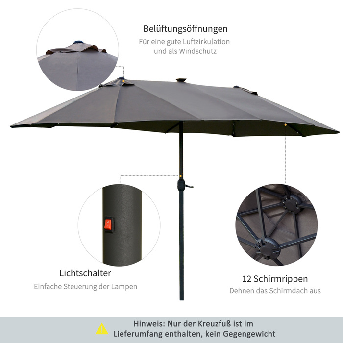 Сонцезахисний парасоль від Outsunny, 440 x 260 см з LED-підсвічуванням, двосторонній парасоль з ручним механізмом, овальний парасоль для тераси з металу, темно-сірий