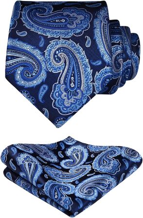 Краватка чоловіча HISDERN 160 см, з кишеньковим хустинкою, для весілля та бізнесу, шовкова, елегантна, синій візерунок Paisley