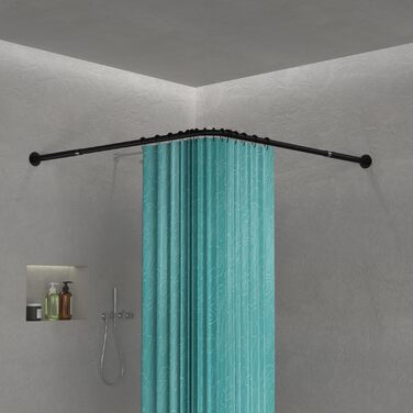 Штанга для душу L-подібної форми, розсувна, 62–94 x 141–174 см, з 16 кільцями, для ванни/душу, чорний нержавіючий сталь