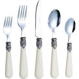 EXZACT Ivory Creme Flatware Set, 20 Pieces, Stainless Steel with Detailed Handles, Traditional, Elegant, Vintage Style/Antique