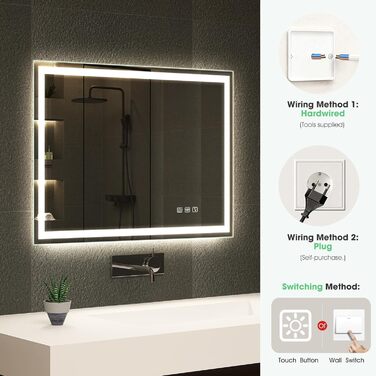 Дзеркало для ванної кімнати зі світлодіодною підсвіткою S'bagno Bluetooth 80x60 см, з підігрівом, регулюванням яскравості, пам'яттю, HD-скло, IP44, горизонтальне/вертикальне встановлення