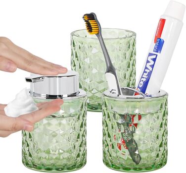 Pink bathroom accessory set made of glass, including a toothbrush holder, soap dispenser, and cup, a foaming soap dispenser, and a toothbrush holder, 3 pink bathroom cups for brush and toothpaste (green and silver).