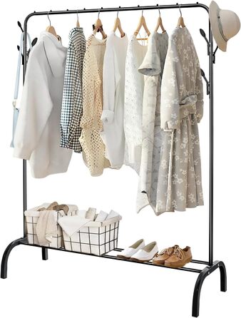 Стійка для одягу на підлозі, чорна, з полицею для взуття та нижньою полицею, металева, для спальні