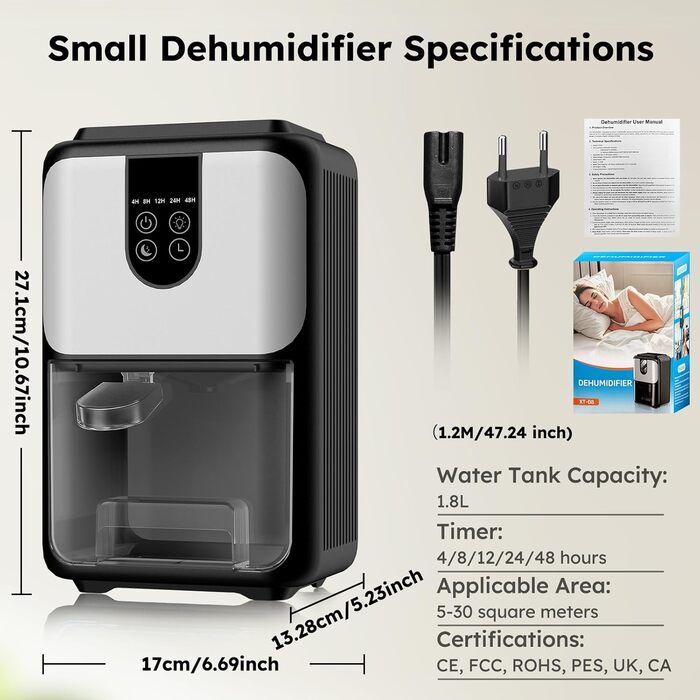 Електричний осушувач повітря 1800 мл з автовимкненням, тихий осушувач для дому з 7 кольоровою підсвіткою, таймером 48 годин - ідеальний для спальні, ванної кімнати, підвалу, кемперу та шафи. Сірий колір.