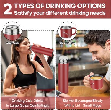 Термокухоль-термос із нержавіючої сталі 550 мл з кришкою-чашкою та ручкою, вакуумний термос 12 годин гарячим / 12 годин холодним, нековзний термос для кави в дорогу для спорту, роботи, школи, авто (червоний)