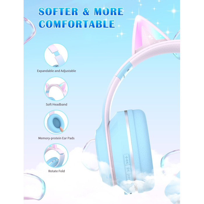 Бездротові навушники Bluetooth для дітей з LED-підсвіткою, котячими вушками та мікрофоном, HD Stereo, складна конструкція, регульоване наголов'я, для дівчаток (блакитні)