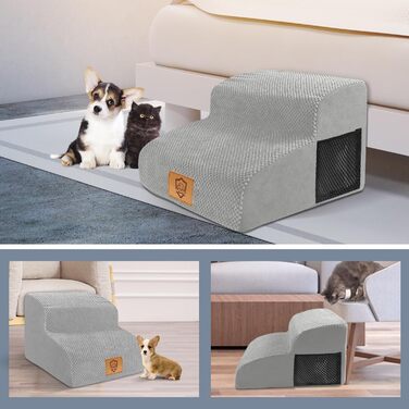 Сходинки для собак, 2 ступені: портативна, водонепроникна, з миючим покриттям. Підходить для маленьких собак та котів. Сірий колір.