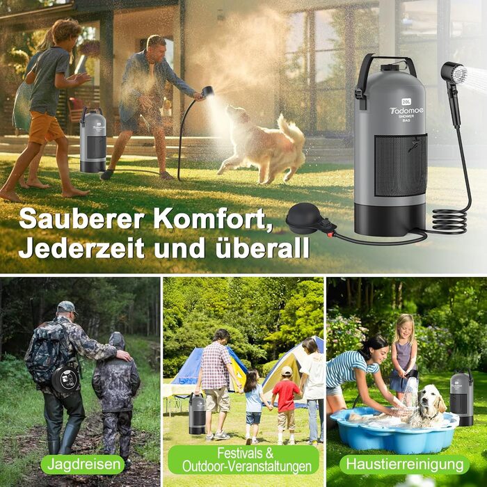 Сонячний душ для кемпінгу на 20 літрів з насосом, сумка та душ для відпочинку, подорожей та туризму (сірий)