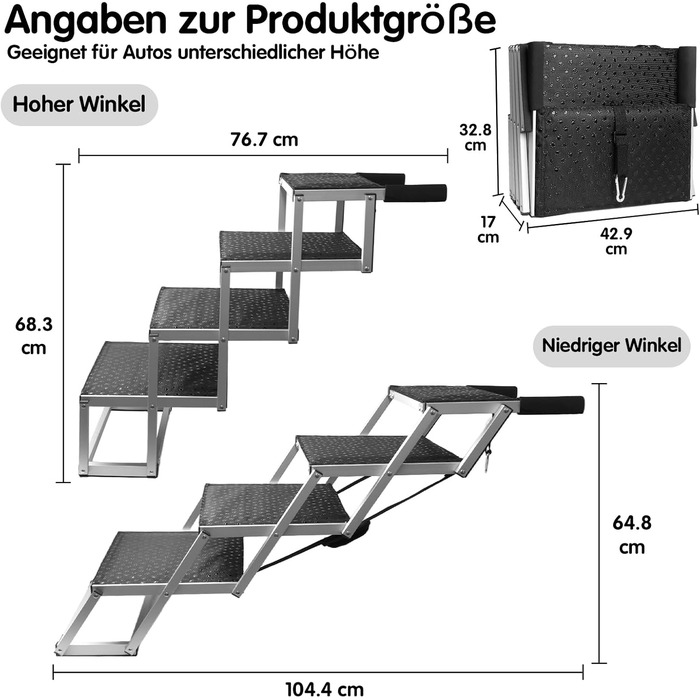 SDLDEER Dog Ramp for Car - 4 Step Collapsible Dog Ramp, Adjustable Height, Supports up to 80kg, Suitable for All Vehicles