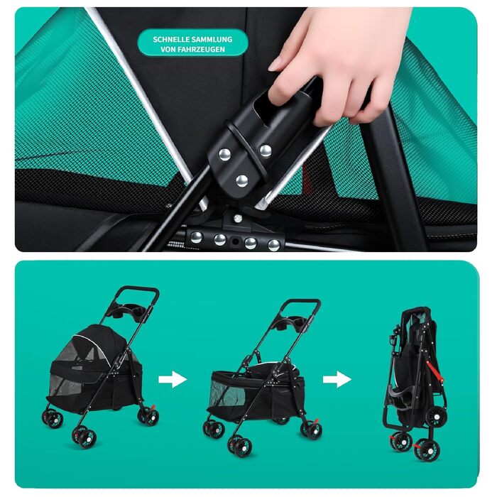 Візок для собак 2в1 до 15 кг, бугі для собак з тримачами для напоїв, переноска для собак, складна, з гальмом, візок-болер для собак, 48x68x95 см (Чорний)