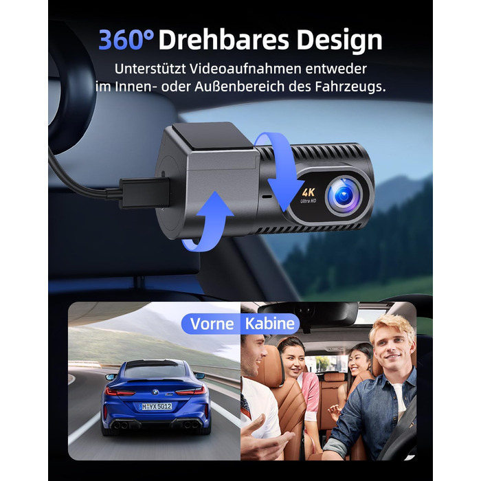 Dashcam CIEVIE C200: 4K, IPS 1.5', WiFi 5G, 64GB, 360° обертання, WDR, Нічне бачення, Паркування 24/7, G-сенсор, Loop, 170°
