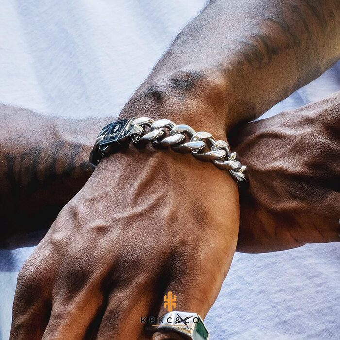 Чоловічий браслет KRKC&CO, кубинське плетиво, 18 мм, Miami Iced Out, кубинське панцерне з'єднання, 18-каратне золото, міцний, Urban Streetwear, браслет у стилі хіп-хоп для чоловіків (срібний, 12 мм, 22.9 см)