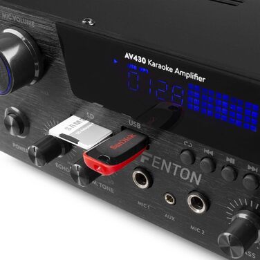 Fenton AV430B караоке підсилювач 600 Вт з Bluetooth, USB, SD, MP3, 2 мікрофонні входи, стерео Hi-Fi, з пультом, чорний
