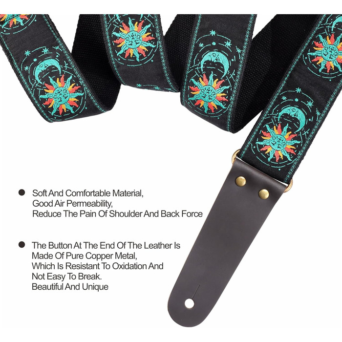 Гітарний ремінь Nefelibata, вишитий бавовняний ремінь з шкіряними кінцями, для бас-гітари, електро- та акустичної гітари, безкоштовний фіксатор, 1 пара замків, 4 шт. (Зелене сонце та місяць)