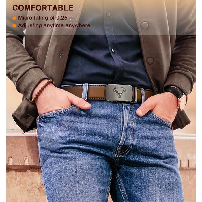 Чоловічий шкіряний ремінь BULLIANT 2 шт. з автоматичною застібкою-ратом, ширина 35 мм, регульований, з подарунковою коробкою (115 см/32'-38' та 105 см/28'-34' розміри, чорний/Tawny7975)