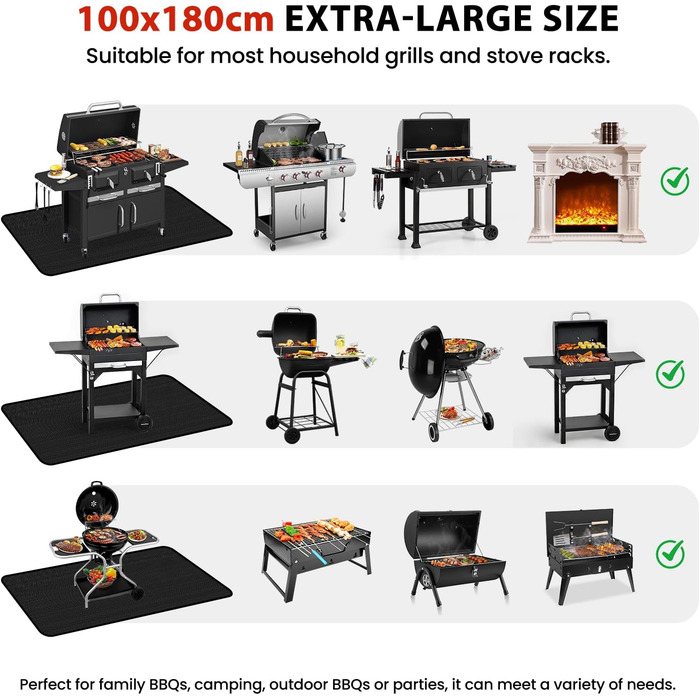 Килимок для газового гриля 180x100 см, двосторонній, вогнестійкий, захист тераси від жиру, для BBQ