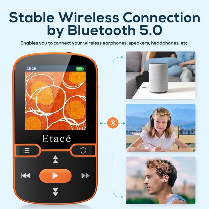 MP3 плеєр Bluetooth 5.3 Orange: Спорт, 16GB, Радіо, E-Book, Крокомір, Запис голосу, MicroSD до 128GB