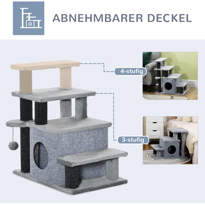Сходинка для собак PawHut з 3/4 сходинок, 66 см, з гніздом для сну, м'ячиком, для котів та собак середніх порід, сірого кольору