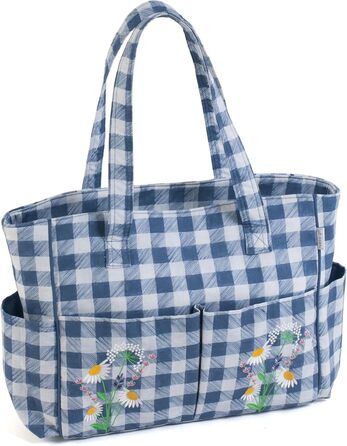 Crafting Kit Bag, Cotton, 13 x 36 x 31cm (Checkered pattern with wildflowers)