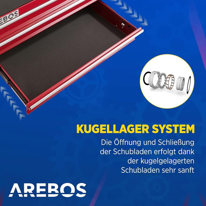Arebos 7-Drawer Tool Cart | Central Locking Tool Wagon with 2 Keys & Anti-Slip Mats | Ball Bearing Drawers | 2 Wheels with Brake | (Red)