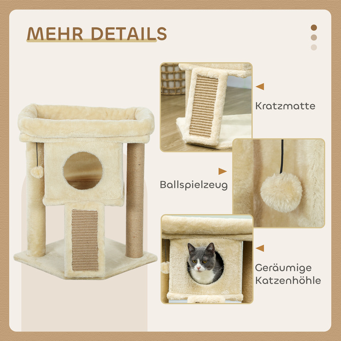 PawHut Cat Tree with Jute Scratching Mat, Lounging Platform, Play Ball, Cat House, Beige, 40 x 40 x 57 cm