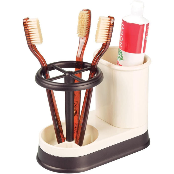 mDesign Toothbrush Holder - high-quality toothbrush holder made of plastic for the bathroom sink or vanity cabinet - practical holder for toothbrushes and toothpaste - white and matte silver (Vanilla/Bronze)