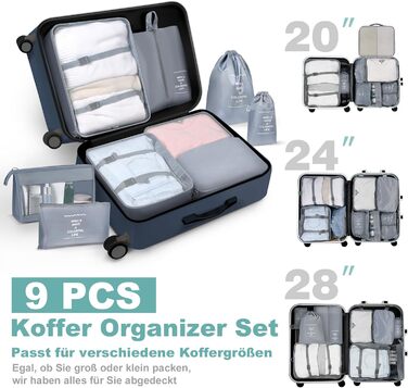 Органайзер для валізи OBSGUMU, набір 9 шт: кубики для пакування, сумки для подорожей, косметичка (сірий)