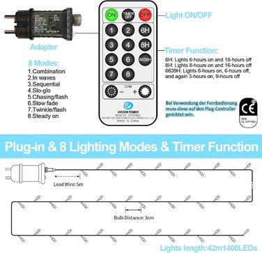 Льод-гірлянда LED 1400 LED: тепле світло, водонепроникна, на батарейках, з пультом, для дому та саду, вечірки, весілля, балкона, ялинки