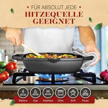 Чавунна гриль-сковорода Krustenzauber 26 см з подвійним руків'ям для індукційних плит. Рифлена сковорода для смаження