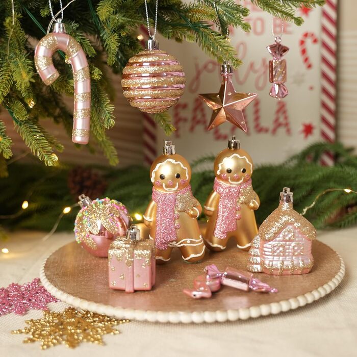 Набір прикрас на ялинку Shareconn 65 шт. - пластикові ялинкові кулі, міцні, з мотузкою, різні розміри та кольори (червоний, білий, рожевий, золотий)