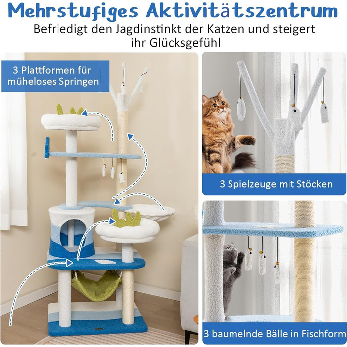 Кігтеточка для котів COSTWAY Ocean-серія з будиночком, гамаком та іграшками, блакитна (59x49x165 см)