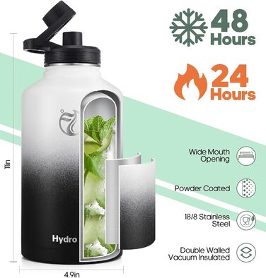 Термофляга HydroPal 1.2л (1900 мл) з нержавіючої сталі, BPA-free, біло-чорна. Для спорту, подорожей, кемпінгу. З трубочкою та кришкою-носиком, не протікає.