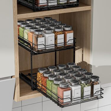 Висувна полиця для спецій у шафу, 2 яруси, регульована висота, чорний колір, органайзер для спецій, органайзер для кухні, розмір 23.8x26.4x23 см