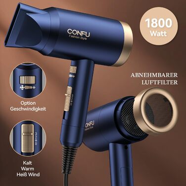 Іонізатор для волосся Föhn, 1800W, з насадкою-дифузором, 3 режими температури, безліч налаштувань швидкості, портативний фен, Marineblau (морський блакитний)