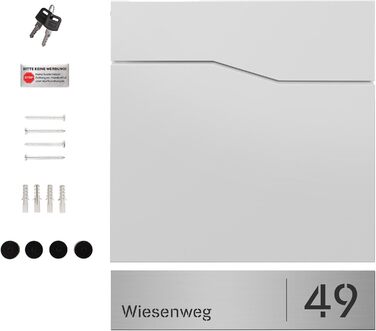 Поштова скринька біла з газетницею TRELLEBORG (RAL 9016), персоналізована - з іменем, вулицею та номером будинку, з комплектом для монтажу. Металева, сучасна.