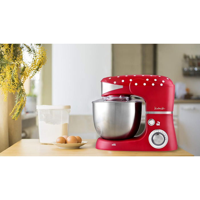 Kalorik TKG M 3014 Design Kitchen Machine with 5 Liter Stainless Steel Bowl, Die-Cast Stirring and Dough Hooks, 6 Speed Settings, Stainless Steel Whisk, Powerful 1000 Watts, Red