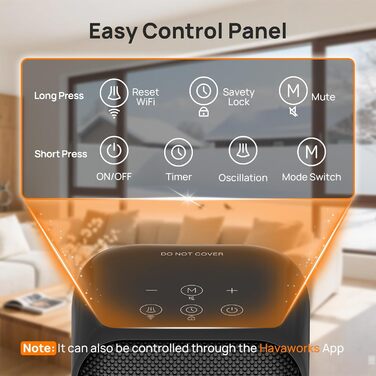 Електричний обігрівач PTC, 2000W, керамічний, тихий, з термостатом та пультом ДУ, ECO режим, 70° осциляція, таймер 12h, захист від перегріву та перекидання, чорний, 1 шт (40см)