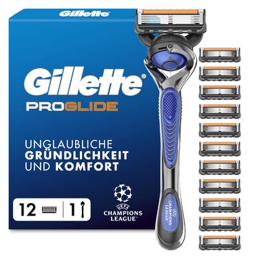 Бритва Gillette Fusion 5 ProGlide для чоловіків, металевий корпус, синьо-чорна, набір: бритва + 12 змінних касет
