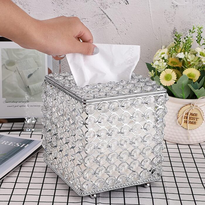 SUMNACON Crystal Silver Cosmetic Tissue Box Made of Glass and Metal, Pocket Tissue Box, Tissue Dispenser. Tissue box decoration for living room, dining room, hotel, restaurant, office, square.