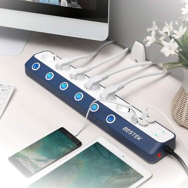 Мережевий фільтр BESTEK з 6 розетками, 4 USB, захистом від перенапруги 900 Дж, вимикач, синій та білий