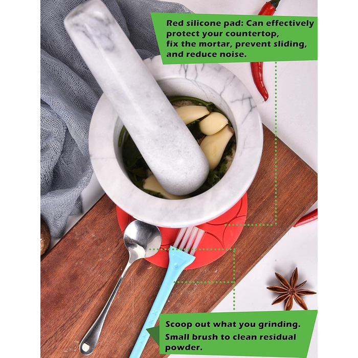 Набір для спецій та соусів з мармуру (11 см), включає: силіконова килимок, щітка, ложка з нержавіючої сталі, білий