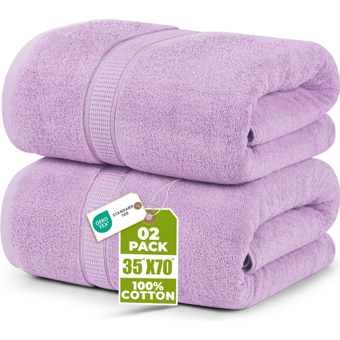 Набір розкішних великих банних рушників Utopia Towels, 2 шт, 100% бавовна, 600 г/м², гігроскопічні та м'які, готельна якість, фіолетові (90x150 см)