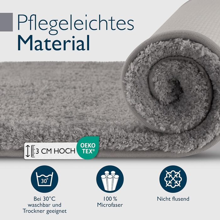 Beautissu Non-Slip Bath Mat - 120x70 cm - Plush Shaggy Rug for Bathroom - Washable, Grey - BeauMare FL