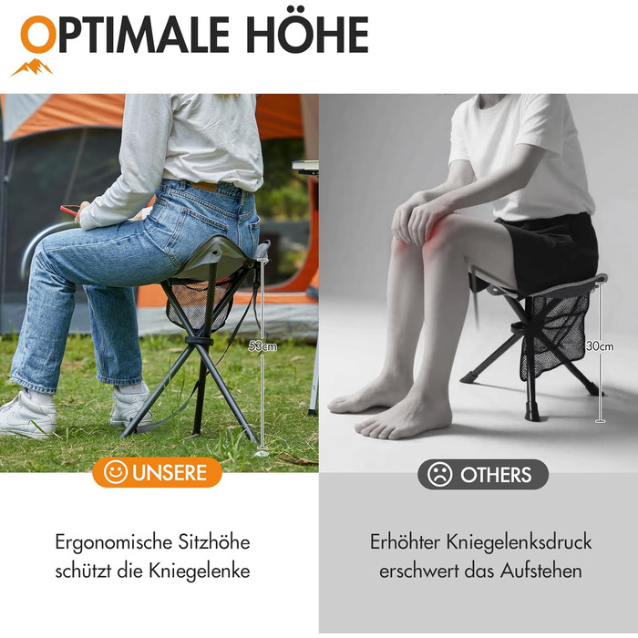 Складаний стільчик з кишенею Portal: легкий, міцний, для риболовлі, кемпінгу та пікніків (сірий)