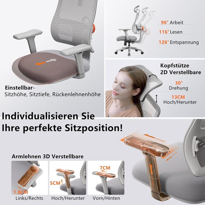 Офісне крісло Newtral MAGICH 003: ергономічне, з підлокітниками та підголівником, до 150 кг, сірого кольору + знімна стільниця