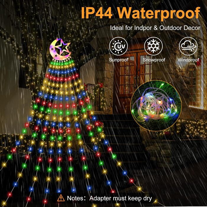 Гірлянда для ялинки 3.5м, 346 LED, 9 струмків, зірка-верхівка, 8 режимів, вологостійка, тепле біле світло (RGB), для декору ялинки