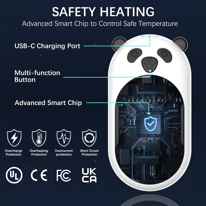 Електричний грієчка для рук, перезаряджається, 6000 mAh, USB, портативний, для жінок та чоловіків, для відпочинку на природі, кемпінгу, полювання, гольфу, Panda, чорний