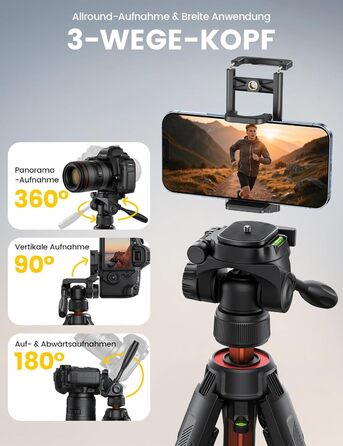 Штатив для камери та смартфона Lamicall Tripod: посилений трипод з швидким відкриттям, вантажопідйомність 8 кг, висота до 170 см, 4 рівні регулювання, помаранчевий