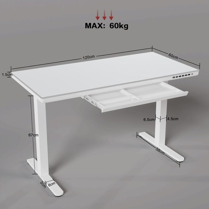 Електричний скляний стіл Homall 120x60 см з регулюванням висоти та шухлядою, білий, для дому й офісу