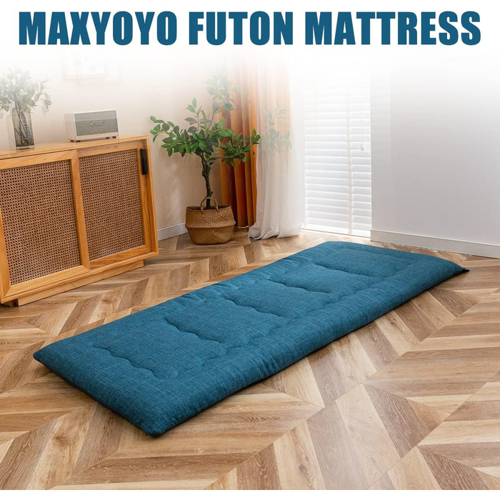Складний гіпоалергенний футон MAXYOYO з ручкою, синій, 71x190 см – портативний матрац із піни з чохлом на блискавці для кемпінгу, гостей і автодому